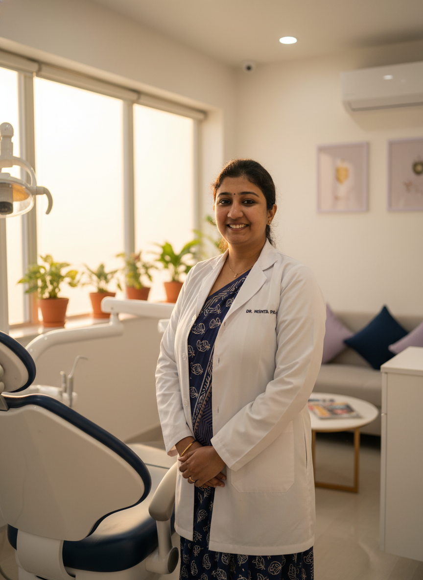 Dr. Nishita smiling in her modern dental clinic